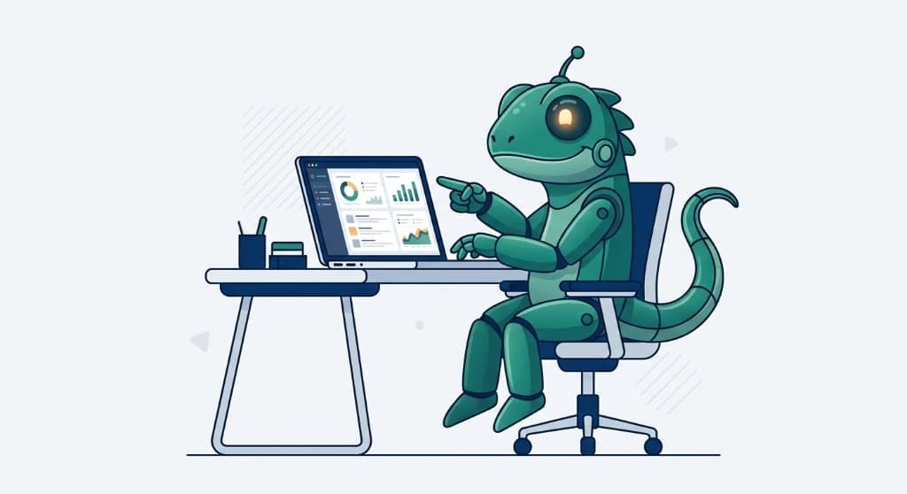 Gardizto mascot — iguana robot analizando licitaciones